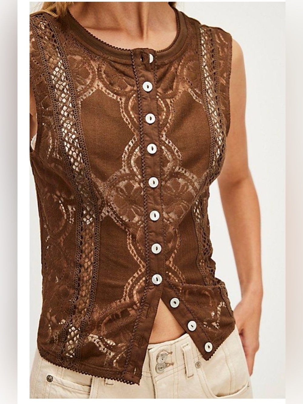 Free People “Jae” Knit Lace Top – XS – NWOT -
Chocolate Brown